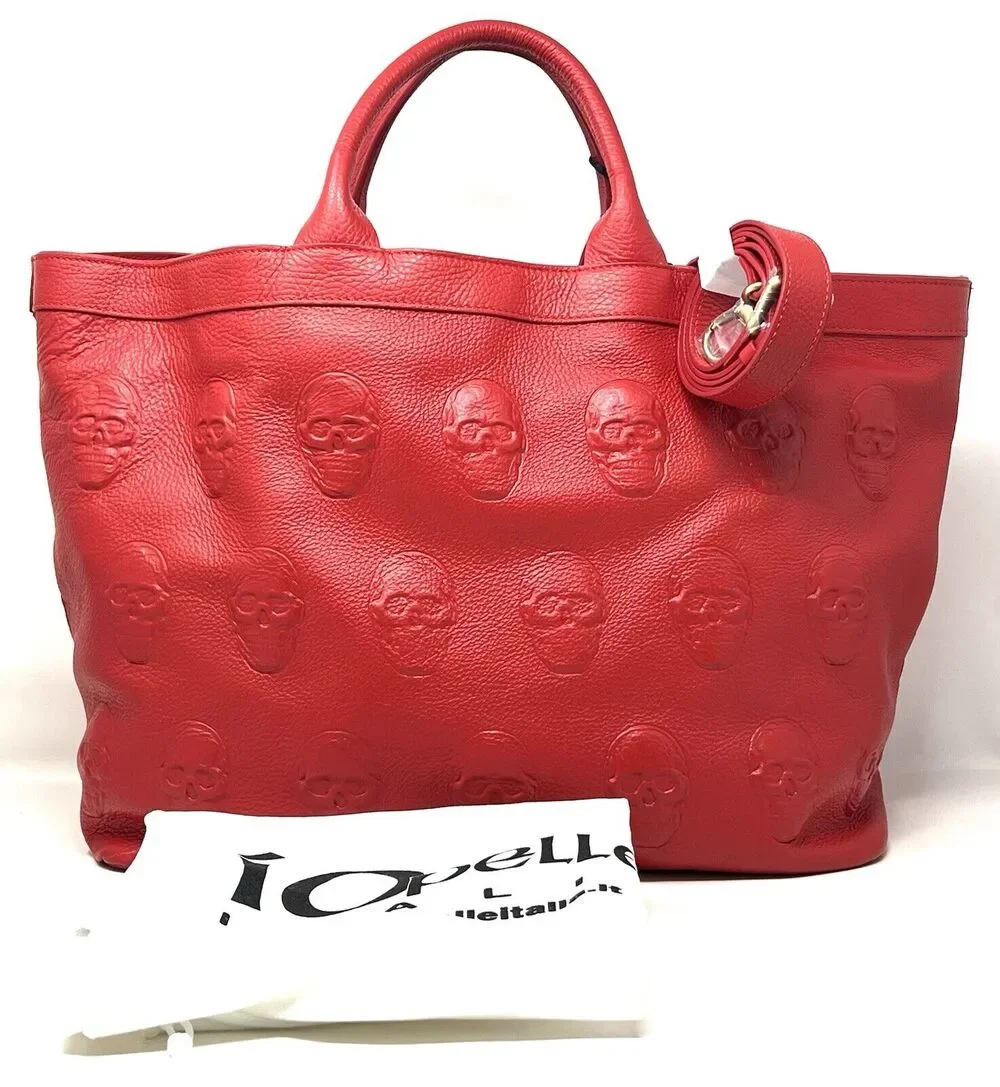 IO PELLE Italia Skull Embossed RED Leather Tote Bag XL Weekender Crossbody Strap